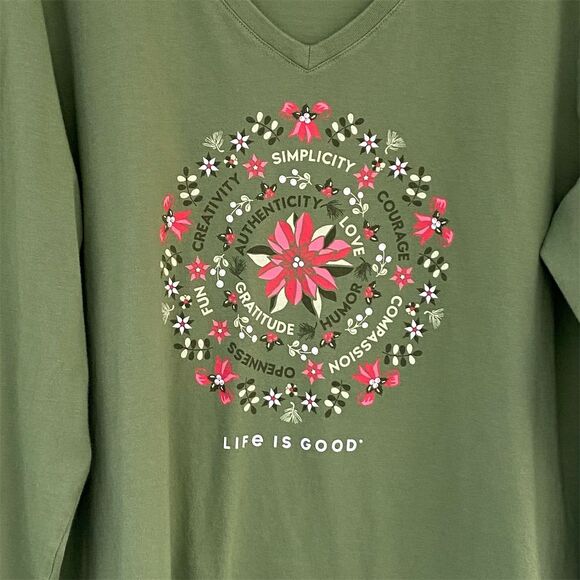 Life Is Good Women's XL Green Floral Long Sleeve V-Neck T-Shirt - Picture 3 of 9